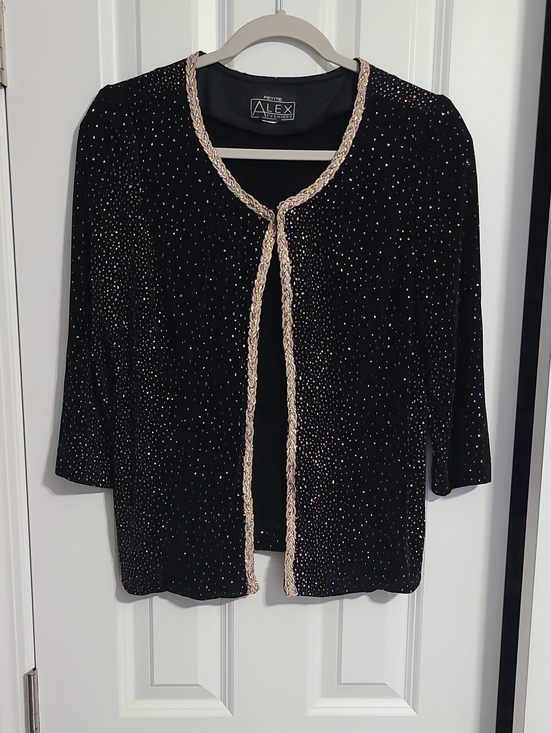 Alex Evenings Tops - Alex Evenings Black Velvet Open-Front Vintage Cardigan with Metallic Trim